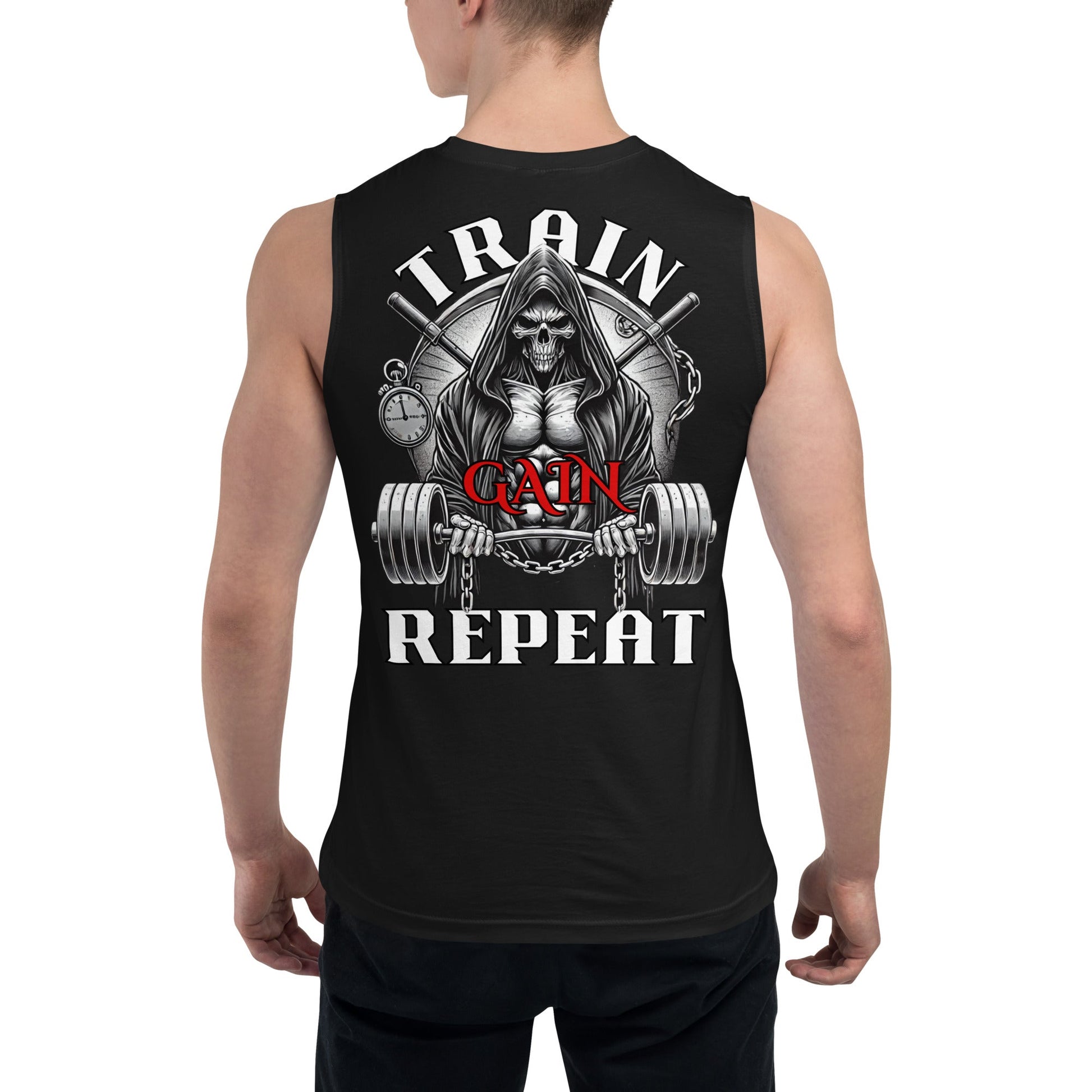 Train, Gain, Repeat Graphic Muscle Shirt - Premium Muscle Shirt - Discipline Directive Co.