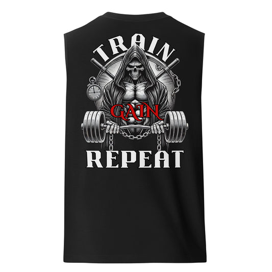 Train, Gain, Repeat Graphic Muscle Shirt - Premium Muscle Shirt - Discipline Directive Co.