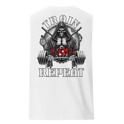 Train, Gain, Repeat Graphic Muscle Shirt - Premium Muscle Shirt - Discipline Directive Co.