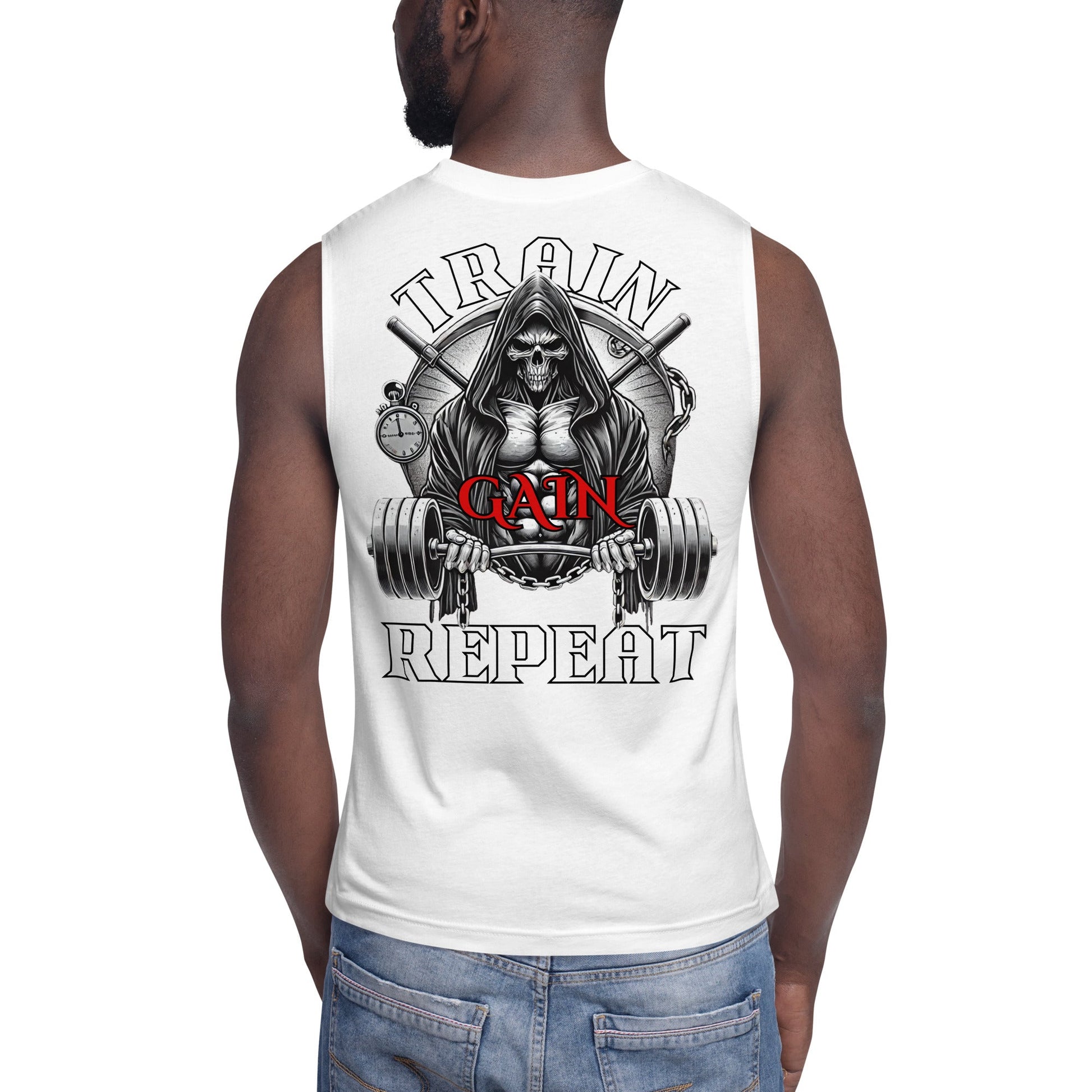 Train, Gain, Repeat Graphic Muscle Shirt - Premium Muscle Shirt - Discipline Directive Co.